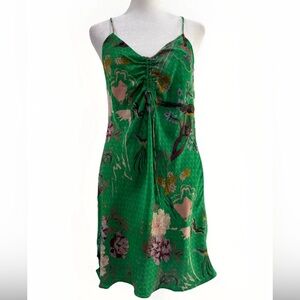 Zara Green Asian Inspired Bohemian Floral Slip Spaghetti Strap Dress XS